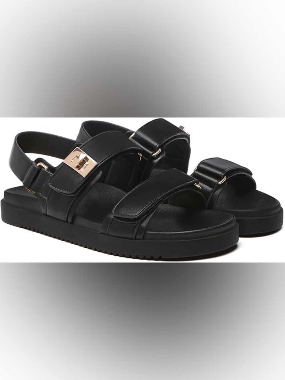 Women's Black Adjustable-Strap Comfort Sandals with Gold Accent